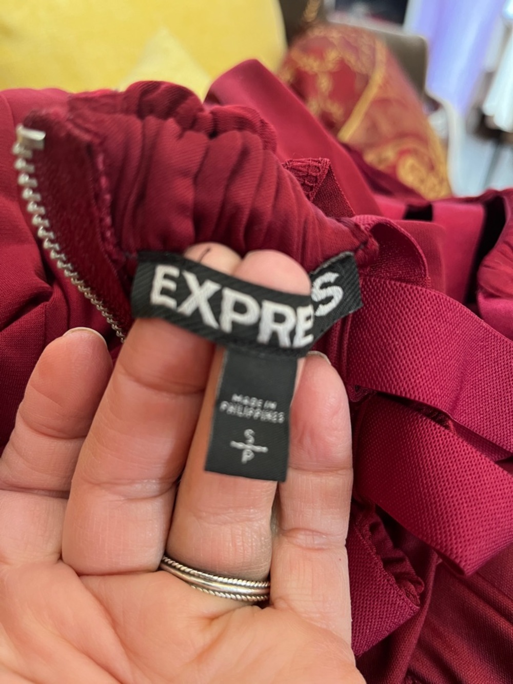 Express Burgundy Greek Goddess Style Mini Dress elastic ribbon Waistband Size S - Picture 10 of 11